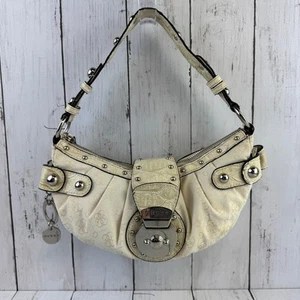 VTG Guess Cream Monogram Canvas Leather Y2K Studded Mini Shoulder Bag Purse - Picture 1 of 16