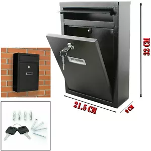 Wall Mounted Mail Letter Box Lockable Black Steel Post Mailbox Large Postbox NEW - Picture 1 of 11