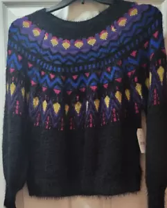 Womens Fuzzy Black Blue & Pink Christmas Holiday Sweater, Sz 8-10 - Picture 1 of 8