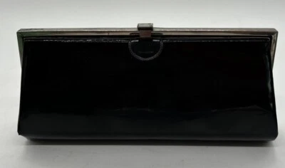 Vintage Black Slimline Patent Leather Clutch Snap Closure Retro Party - Изображение 1 из 4