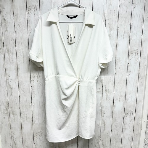 OFF WHITE ZARA Vestito Donna XL Off White Donna Misto Cotone Avvolgente Anteriore Mini Manica Corta