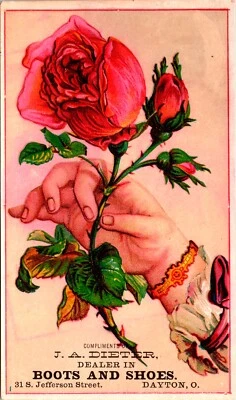 Vintage Mão com Rose J.A Dieter Botas e Sapatos Dayton, OH Cartão Comercial Vitoriano - Imagem 1 de 3
