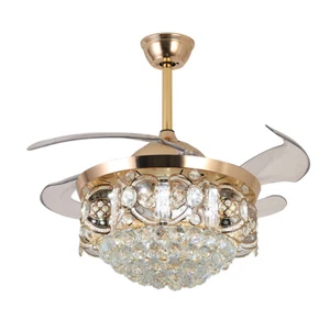 42" Luxury Crystal Ceiling Fan Light LED Chandelier Retractable Fan+Remote 40W - Picture 1 of 12