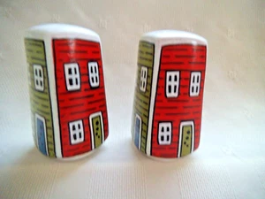 SALT & PEPPER SHAKERS STYLIZED COLORFUL TOWN HOUSES ~ EUC - Picture 1 of 8