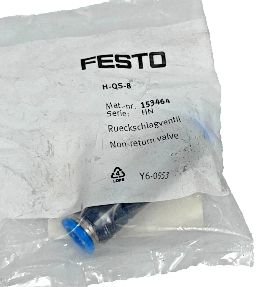 Pack of 4 pc FESTO H-QS-8 153464 Pneumatic non-return valve 8 mm push-in-fitting - Image 1 of 2
