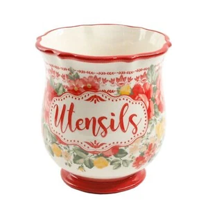 Pioneer Woman Vintage Floral Utensil Holder Jar Belly Shape Stoneware Red NEW - Picture 1 of 5