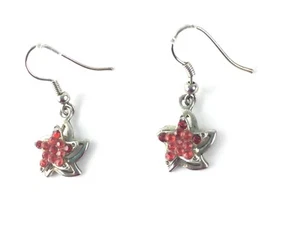 Raised Silver Star With Red Orange Stones Inside Dangle Pierced Earrings Woman - Picture 1 of 5