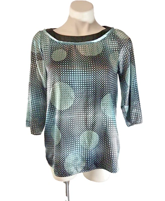 AB Studio Womens Large Teal Green Black polka dot psychedelic 3/4 Sleeve Blouse - Image 1 of 4
