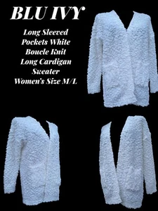 BLUIVY Langarm Tasche weiß Boucle Strick Long Cardigan Pullover Damen M/L Neu ohne Etikett - Bild 1 von 12