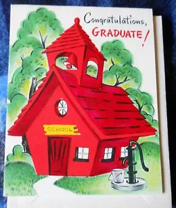 VINTAGE UNBENUTZT *** kleine rote Schule Glückwunschkarte Abschluss 1950' PUNZE - Bild 1 von 2
