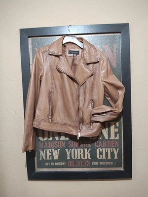 Chaqueta motera de cuero para mujer Donna Karen marrón talla pequeña Foto 1 de 4