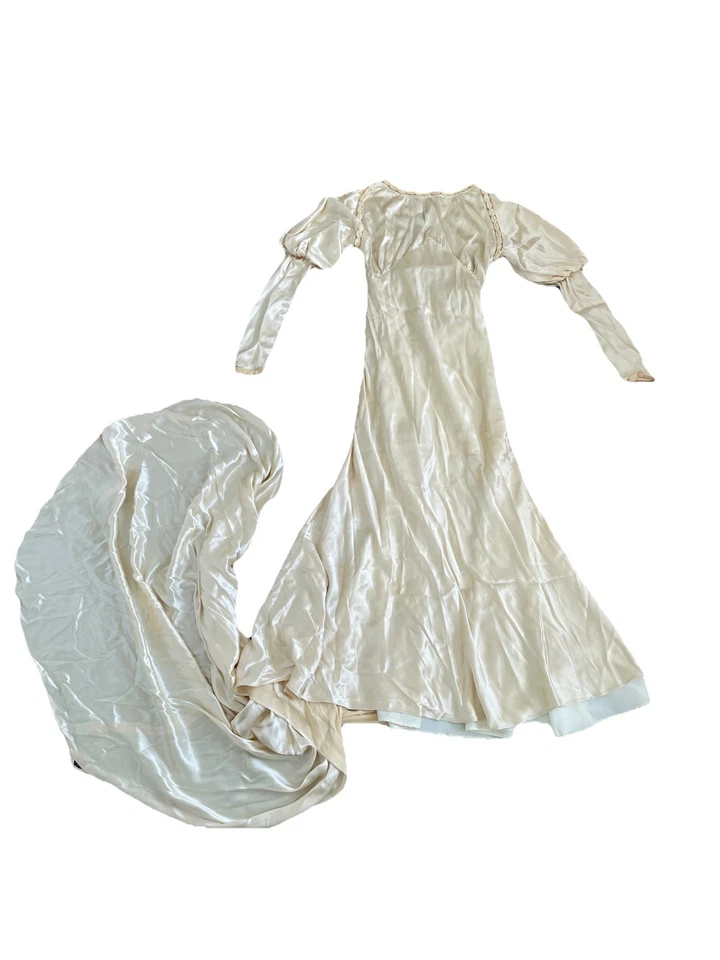 Antique 1930s Art Deco Wedding Dress Satin Liquid Balloon Juliet Sleeve Train XS - Image 1 of 4
