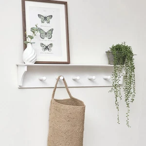White wooden shelf with hooks kitchen bathroom bedroom hallway storage decor - Picture 1 of 6