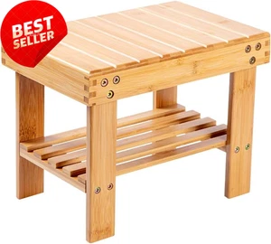 Bamboo Step Stool, Small Bedside Stool with Storage Shelf, Non-Slip, Lightweight - Picture 1 of 8