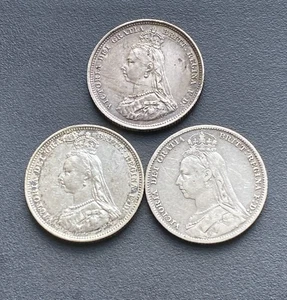 1887, 1888 & 1889 Victoria Silber Shilling Victorian Jubilee Head Münzen Lot G33 - Bild 1 von 7