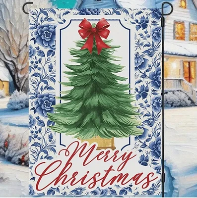 Merry Christmas Chinoiserie Garden Flag, Double-Sided, 12x18in, Quality Burlap - Image 1 of 4