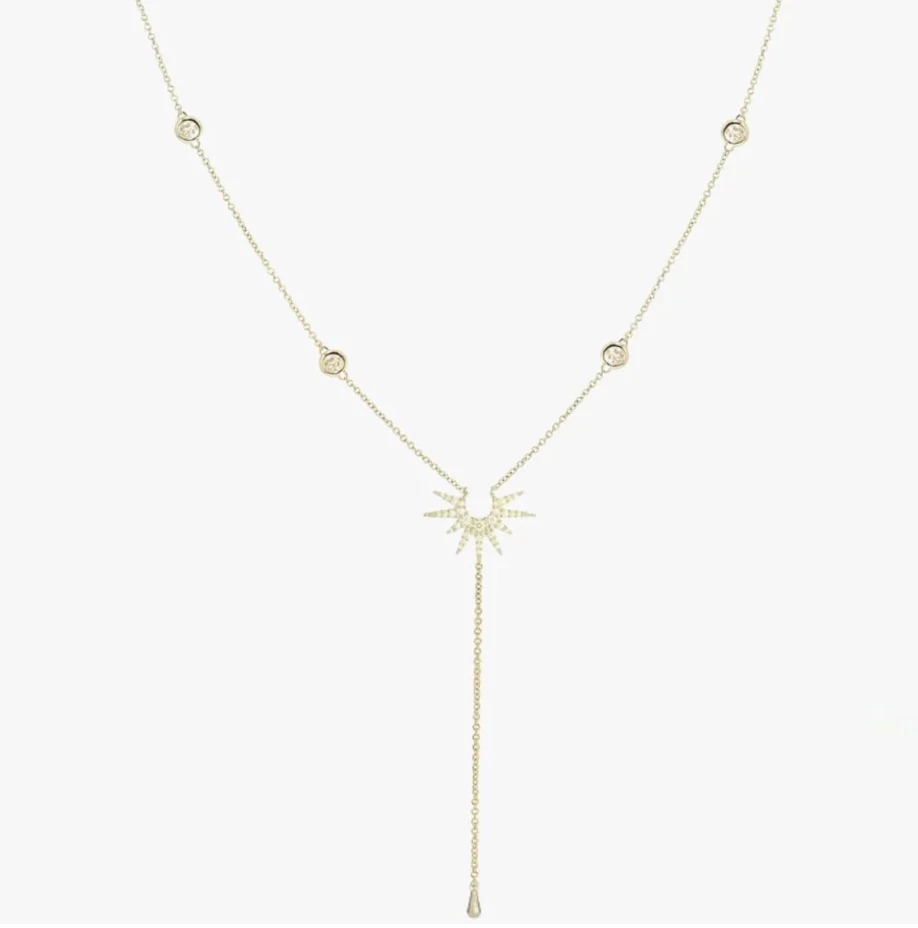 New Yellow Gold Stone Studded Starburst Lariat Necklace Y-Shaped Drop - Image 1 of 1