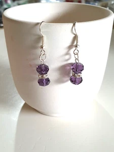 Pretty Amethyst Purple Faceted Crystal Bead Silver Plated Earrings - Picture 1 of 8