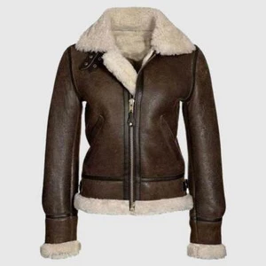 B3 Bomber Distressed Brown Aviator, Shearling Sheepskin Women Leather Jacket - Picture 1 of 3