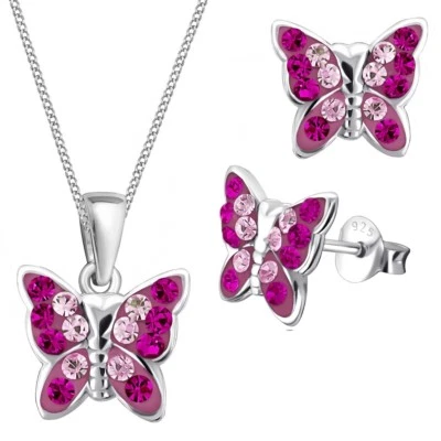Mädchen Magenta Kristall Schmetterling Anhänger Halskette 925 Silber Ohrringe - Bild 1 von 4