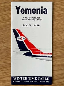 YEMENIA TIMETABLE Winter 1998-1999 SCHEDULE Yemen - Picture 1 of 1