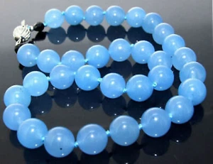 Natural 10mm Blue Chalcedony Round Beaded Gemstone Necklace 18 inch AAA - Picture 1 of 12