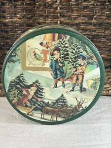 Lata decorativa navideña vintage con Papá Noel, trineo, renos, niños - Imagen 1 de 6