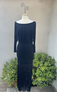Vtg Maxi Dress Black Long Fringe Jersey Sz 8 Small By Jill Richards - Picture 1 of 13