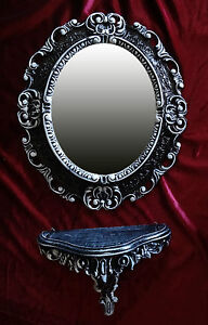 Wall Mirror + Console Oval Bracket 2´ Er Set Baroque Antique 44x38 Black White