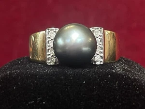 ANILLO VINTAGE DE PERLAS Y DIAMANTES DE TAHITÍ DE ORO DE 14K FIRMADO PJS - Imagen 1 de 21