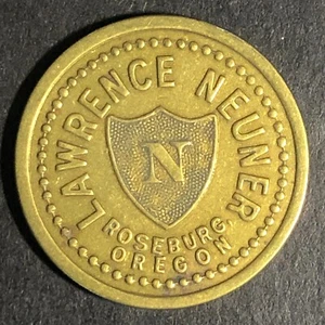 Lawrence Neuner Roseburg, ORE Cigar Store Brass G/F 5c Trade Token 21.2mm c1925 - Picture 1 of 3