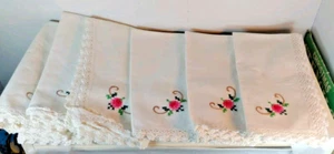 7 Vintage White Cotton Dinner Napkins, Applique Embroidered Pink Flowers - Picture 1 of 9