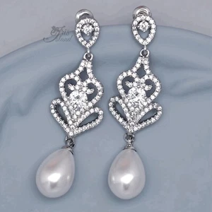 Teardrop Pearl Dangle Drop Earrings Cubic Zirconia Silver Tone Wedding Bridal 40 - Picture 1 of 5