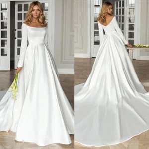 Strapless Wedding Dresses Long Sleeve Off The Shoulder Sweep Train A Line Button - Picture 1 of 11