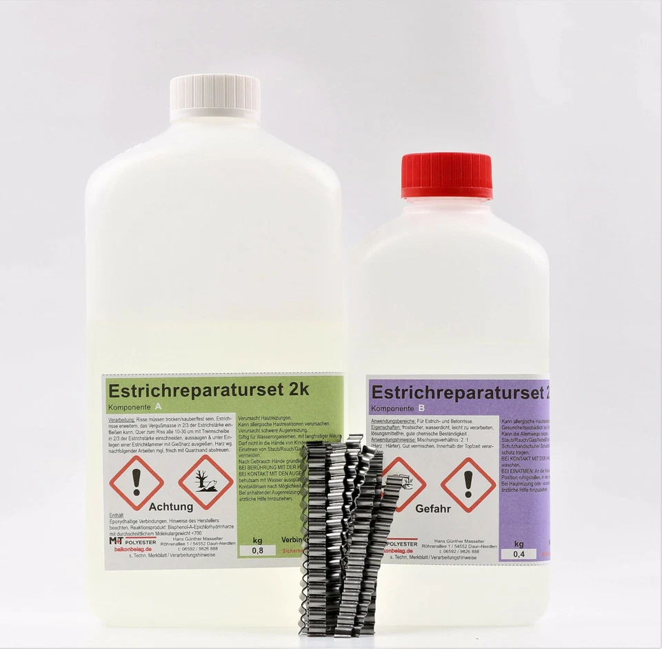 M+T POLYESTER Gießharz Rissharz Estrich-Reparatur Rissverschluss + 20 Estrichklammern TOP 1,2