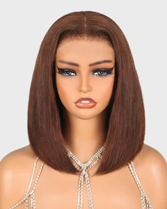 Bob Parrucca Capelli Umani 4# Parrucca Marrone Senza Colla Cioccolato Pizzo Parrucca Frontale Pre P... - Foto 1 di 6