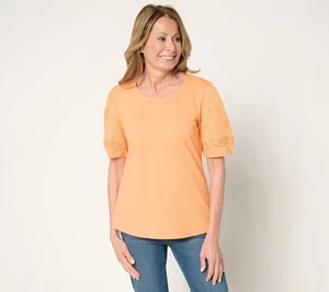 Denim & Co. 100% Cotton Embroidered Puff Sleeve Top-Apricot Crush-2X A692004 - Picture 1 of 1