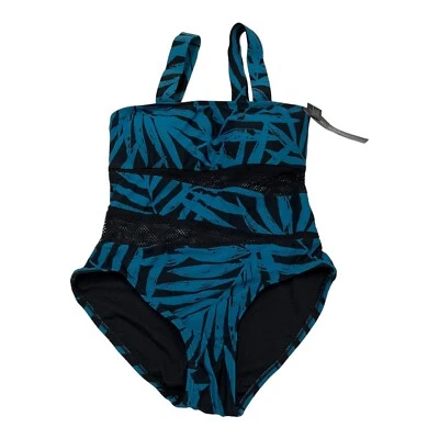 Carmen Marc Valvo Swimsuit Womens 10 Black Teal Palm Botanical Print Mesh Cutout - Image 1 of 4