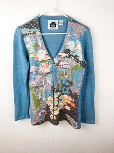 Storybook Knits Vintage Water Lilies Sequined Cardigan XS Zip Blue Monet B2 - Picture 1 of 6