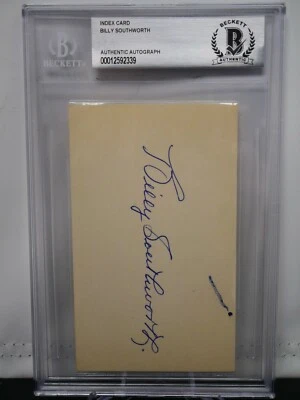 BILLY SOUTHWORTH SIGNED HALL OF FAME 3X5 INDEX CARD BECKETT SLABBED *OS12 - Image 1 of 2