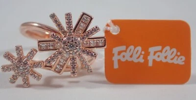 ANEL FOLLI FOLIE 925 PRATA FOLHEADO A OURO ROSA ESTRELA DUPLA FLOR CZ TAMANHO 7 - Imagem 1 de 4