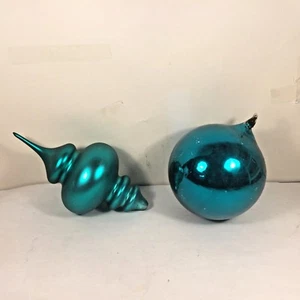 Vtg Dept 56 Jumbo Finial Christmas Ornament Mercury Glass TEAL Blue Round Satin - Picture 1 of 11