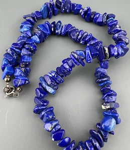 Vintage Blue Lapis Lazuli Necklace Chip Nugget Sterling Silver Clasp 16.5" - Picture 1 of 12