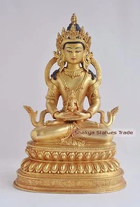 Estatua Patan tallada a mano de 9,75" Amitayus Buda cobre dorado acabado antiguo - Imagen 1 de 4