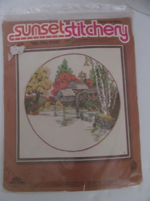 Vintage Sunset Designs Stitchery Crewel Embroidery Kit 2473 Fall Mill Pond 20x20 - Image 1 of 2