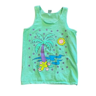 Vintage 80s Neon Tank Top Beach Scene Size Small Green palm tree - Image 1 of 4