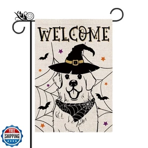 Halloween Garden Flag Great Pyrenees Cobweb Bats Double Sided Vertical Welcom - Picture 1 of 1