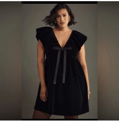 Anthropologie Endless 玫瑰迷你连衣裙黑色天鹅绒蝴蝶结约会之夜复古 M 码全新带标签 — 第 1/4 张图片