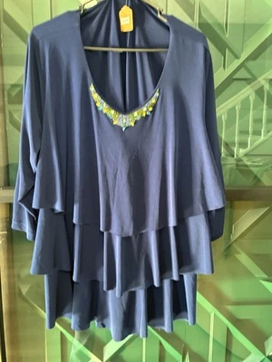 Top Susan Graver Azul Manga 3/4 Niveles Tejido Líquido Talla 3X  Foto 1 de 4