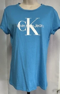 CALVIN KLEIN JEANS Short Sleeve Blue Crew Neck Logo T-Shirt Women’s Size Small - Picture 1 of 9